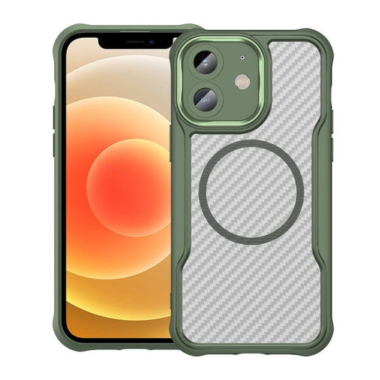 For iPhone 12 Carbon Fiber Texture MagSafe Translucent Phone Case(Green) by buy2fix