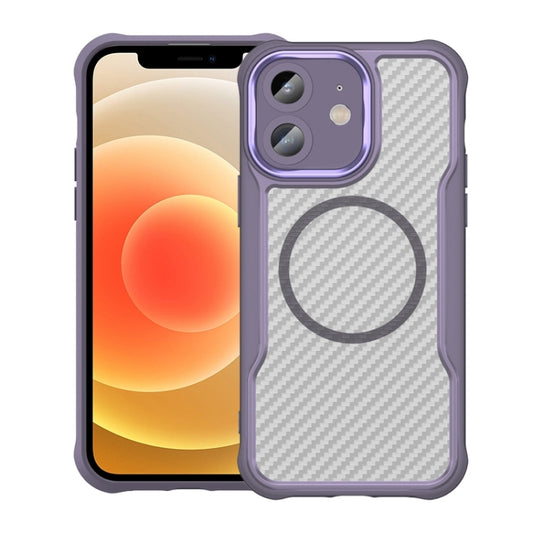 For iPhone 12 Carbon Fiber Texture MagSafe Translucent Phone Case(Purple) by buy2fix