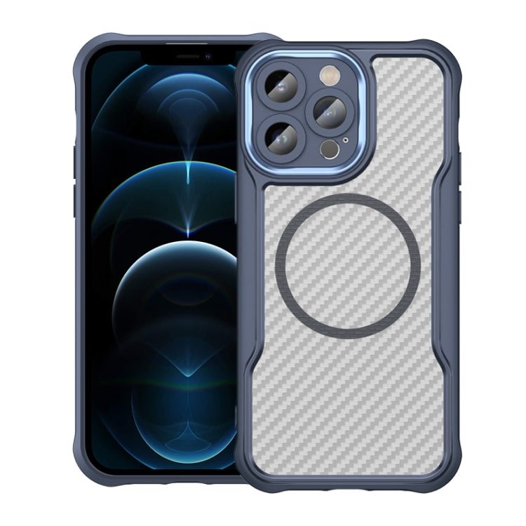 For iPhone 12 Pro Max Carbon Fiber Texture MagSafe Translucent Phone Case(Blue) by buy2fix