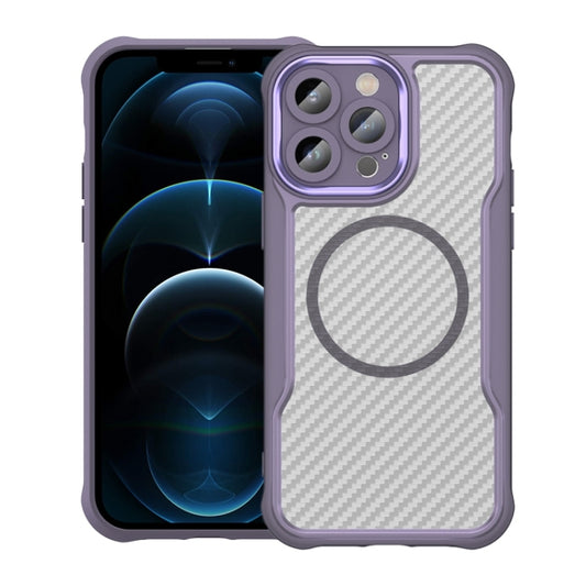 For iPhone 12 Pro Max Carbon Fiber Texture MagSafe Translucent Phone Case(Purple) by buy2fix