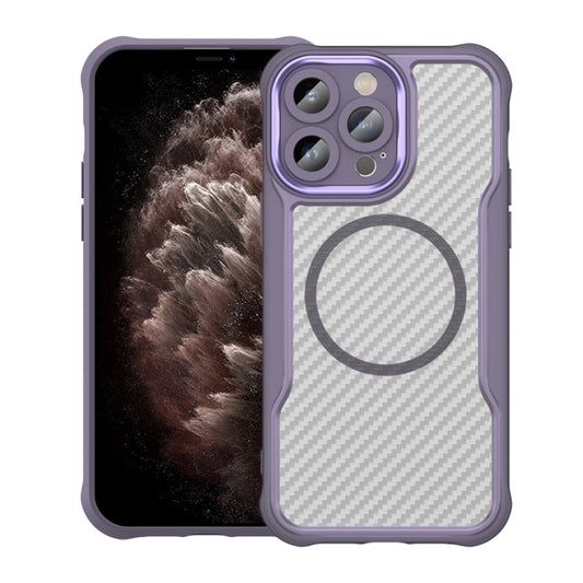 For iPhone 11 Pro Max Carbon Fiber Texture MagSafe Translucent Phone Case(Purple) by buy2fix