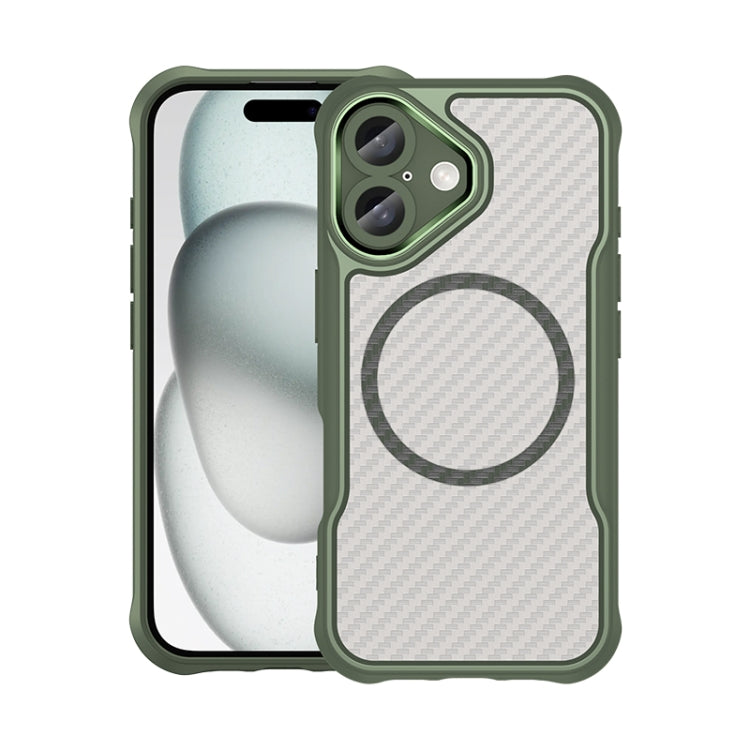 For iPhone 16 Carbon Fiber Texture MagSafe Translucent Phone Case(Green) by buy2fix