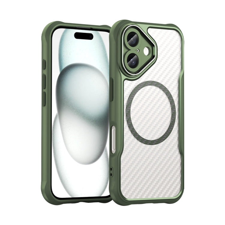 For iPhone 16 Carbon Fiber Texture MagSafe Translucent Phone Case(Green) by buy2fix