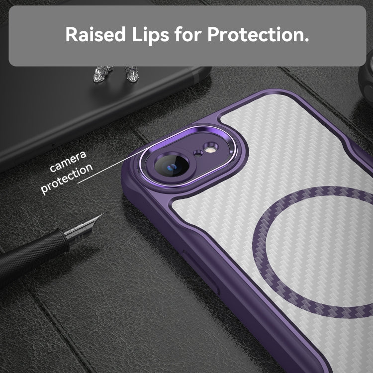 For iPhone 16e Carbon Fiber Texture MagSafe Translucent Phone Case(Purple) by buy2fix