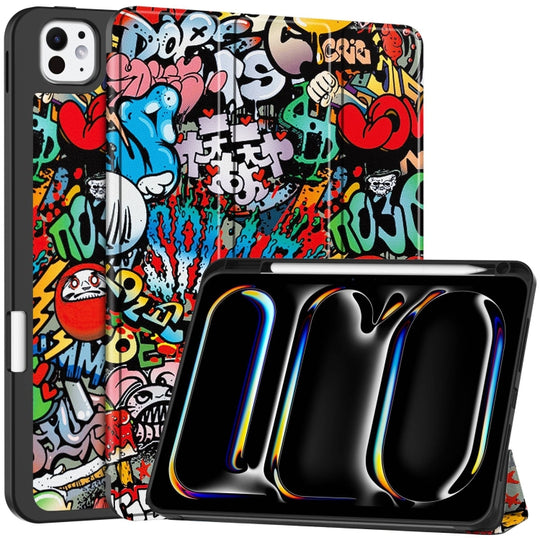 For iPad Pro 11 2025 / 2024 Custer Painted 3-Fold Holder Smart Leather Tablet Case with Pen Tray(Graffiti)