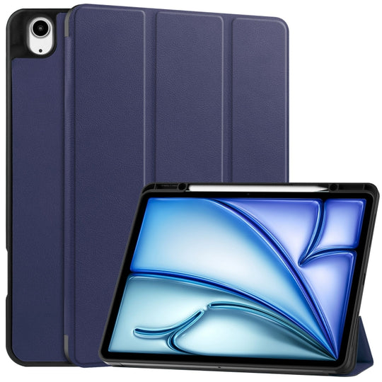 For iPad Air 13 2024 / 2025 / 2026 Custer TPU Pure Color 3-Fold Holder Smart Leather Tablet Case with Pen Tray(Dark Blue)