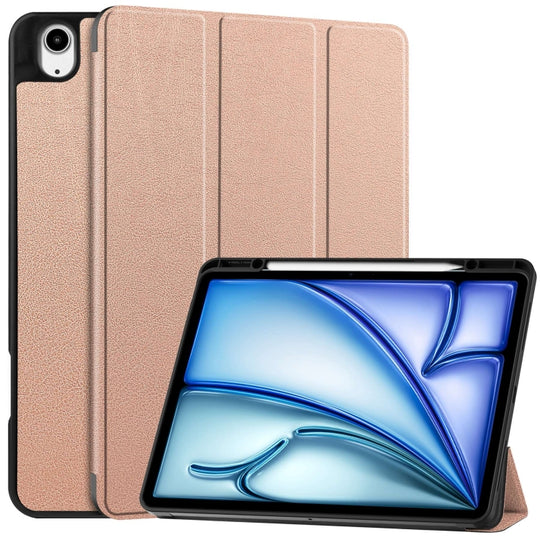 For iPad Air 13 2024 / 2025 / 2026 Custer TPU Pure Color 3-Fold Holder Smart Leather Tablet Case with Pen Tray(Rose Gold)