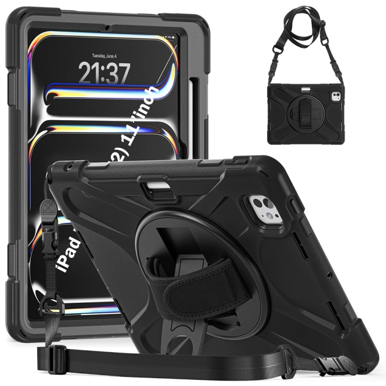 For iPad Pro 11 2025 / 2024 Rotatable Holder Silicone Hybrid PC Tablet Case with Shoulder Strap(Black) by buy2fix