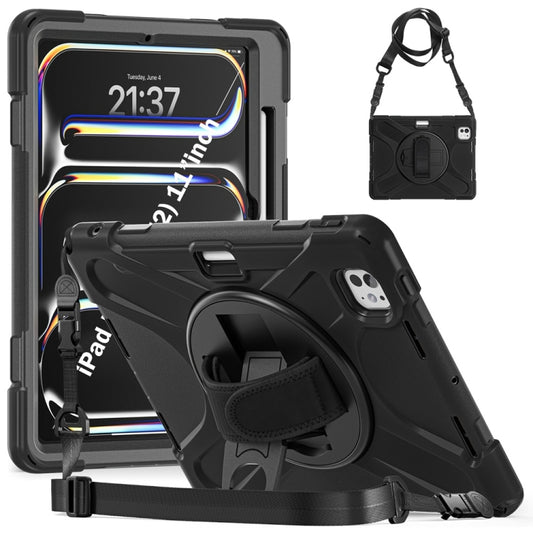 For iPad Pro 11 2024 Rotatable Holder Silicone Hybrid PC Tablet Case with Shoulder Strap(Black) - iPad Pro 11 2024 Cases by buy2fix | Online Shopping UK | buy2fix