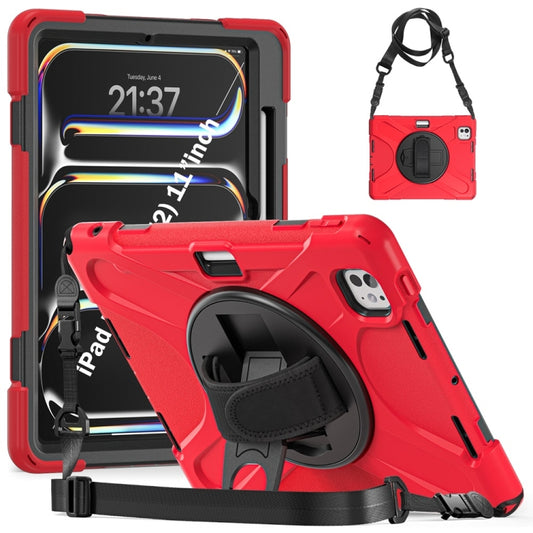 For iPad Pro 11 2024 Rotatable Holder Silicone Hybrid PC Tablet Case with Shoulder Strap(Red) - iPad Pro 11 2024 Cases by buy2fix | Online Shopping UK | buy2fix
