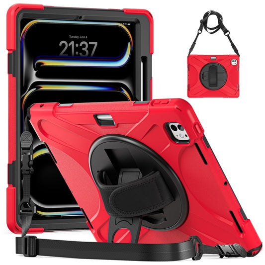 For iPad Pro 13 2024 Rotatable Holder Silicone Hybrid PC Tablet Case with Shoulder Strap(Red) - iPad Pro 13 2024 Cases by buy2fix | Online Shopping UK | buy2fix