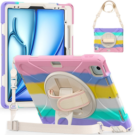 For iPad Air 13 2024 / Air 13 2025 Rotatable Holder Silicone Hybrid PC Tablet Case with Shoulder Strap(Colorful Pink) - iPad Air 13 2025 / 2024 Cases by buy2fix | Online Shopping UK | buy2fix