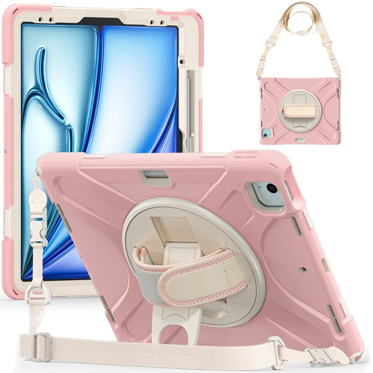 For iPad Air 13 2024 / Air 13 2025 Rotatable Holder Silicone Hybrid PC Tablet Case with Shoulder Strap(Cherry Blossom Pink) - iPad Air 13 2025 / 2024 Cases by buy2fix | Online Shopping UK | buy2fix