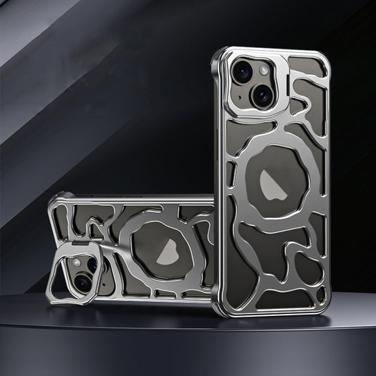 For iPhone 14 Auspicious Cloud Series MagSafe Metal Phone Case with Bracket(Silver) by buy2fix