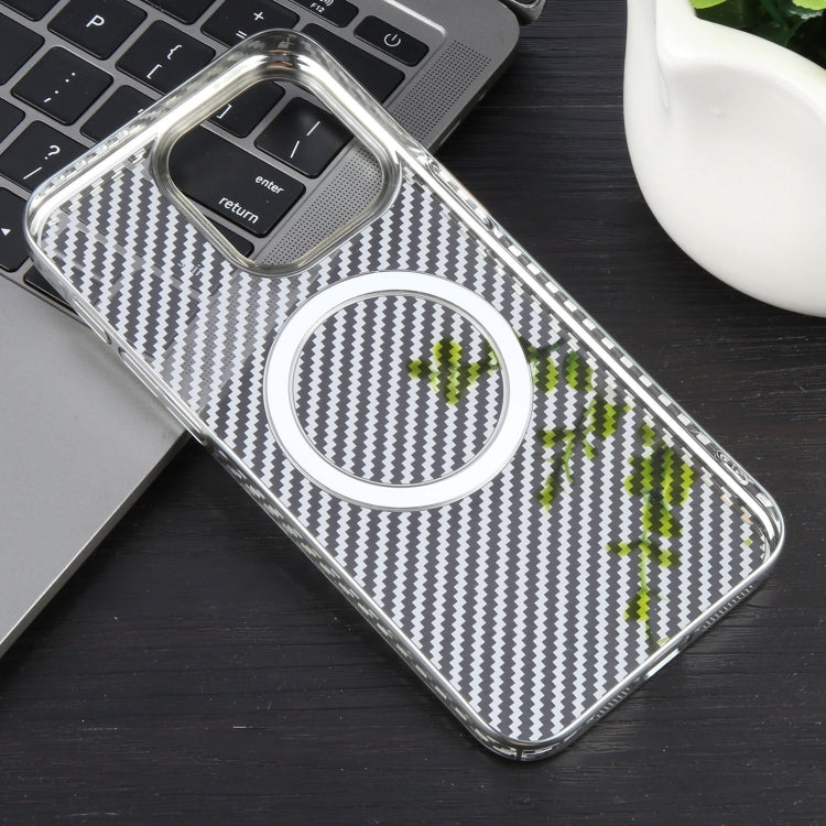 For iPhone 14 6D Plated Carbon Fiber Clear Magsafe PC Phone Case(Starlight Silver) by buy2fix