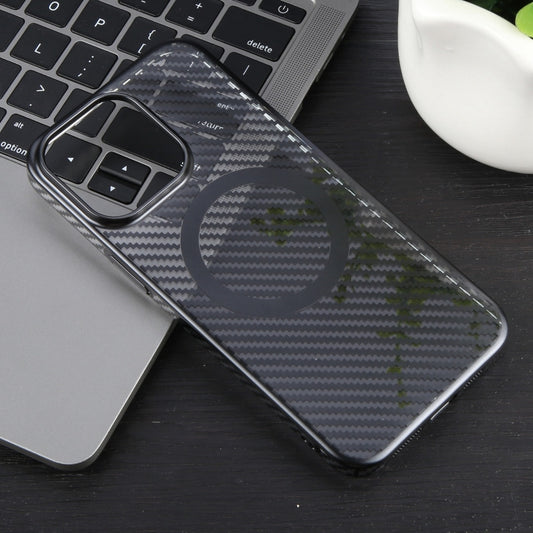 For iPhone 13 6D Plated Carbon Fiber Clear Magsafe PC Phone Case(Starry Black) by buy2fix