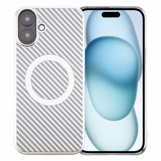 For iPhone 16 Plus 6D Plated Carbon Fiber Clear Magsafe PC Phone Case(Starlight Silver)