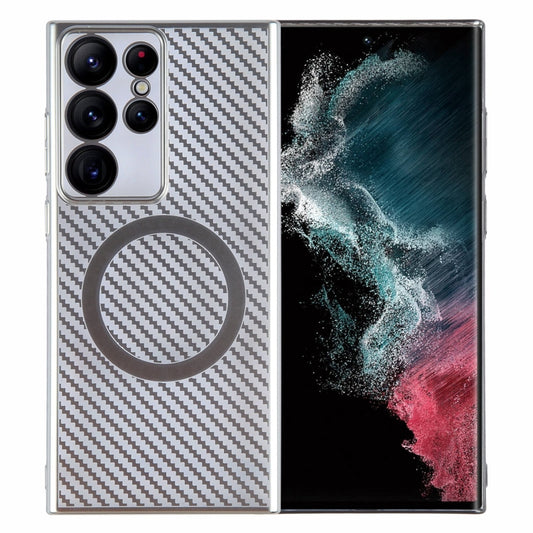 For Samsung Galaxy S22 Ultra 5G 6D Plated Carbon Fiber Clear Magsafe PC Phone Case(Starlight Silver) by buy2fix