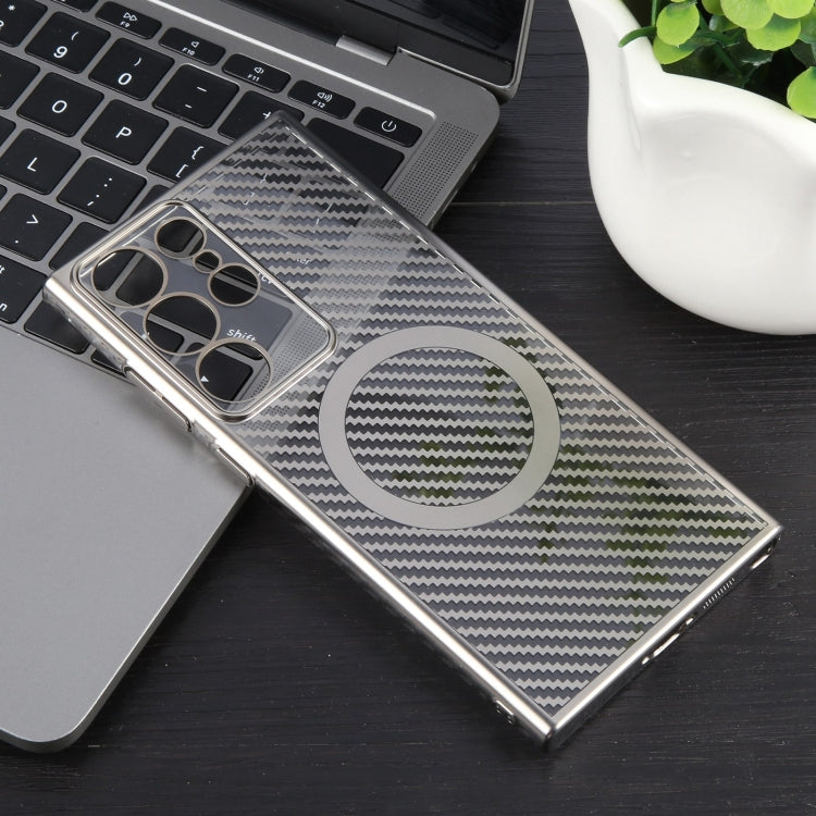 For Samsung Galaxy S22 Ultra 5G 6D Plated Carbon Fiber Clear Magsafe PC Phone Case(Titanium Grey) by buy2fix