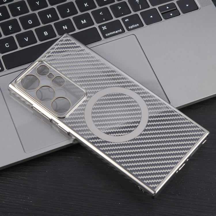 For Samsung Galaxy S22 Ultra 5G 6D Plated Carbon Fiber Clear Magsafe PC Phone Case(Titanium Grey) by buy2fix