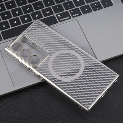 For Samsung Galaxy S22 Ultra 5G 6D Plated Carbon Fiber Clear Magsafe PC Phone Case(Titanium Grey) by buy2fix