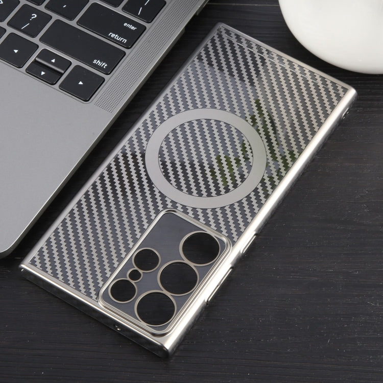 For Samsung Galaxy S22 Ultra 5G 6D Plated Carbon Fiber Clear Magsafe PC Phone Case(Titanium Grey) by buy2fix