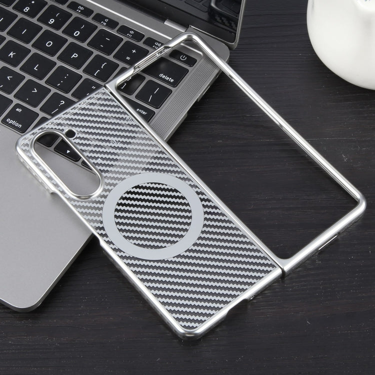 For Samsung Galaxy Z Fold5 6D Plated Carbon Fiber Clear Magsafe PC Phone Case(Starlight Silver) by buy2fix