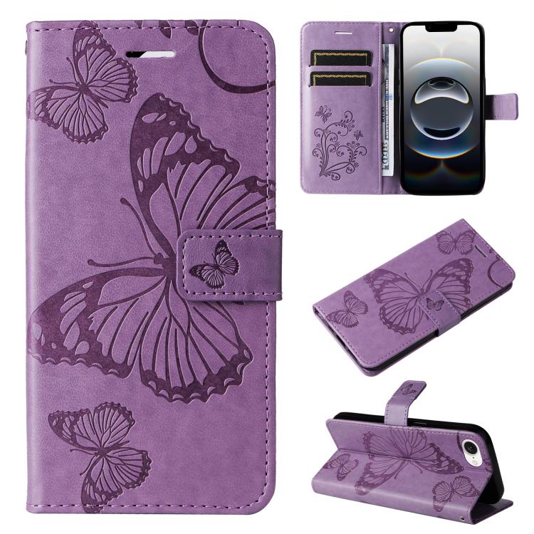 For iPhone 16e 3D Butterfly Embossed Pattern Flip Leather Phone Case(Purple) by buy2fix