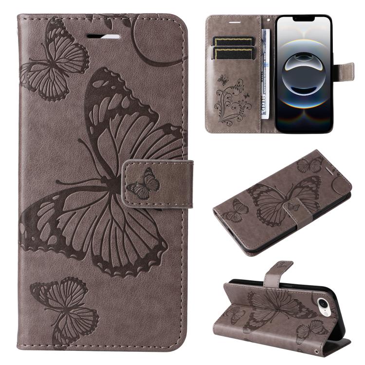 For iPhone 16e 3D Butterfly Embossed Pattern Flip Leather Phone Case(Grey) by buy2fix