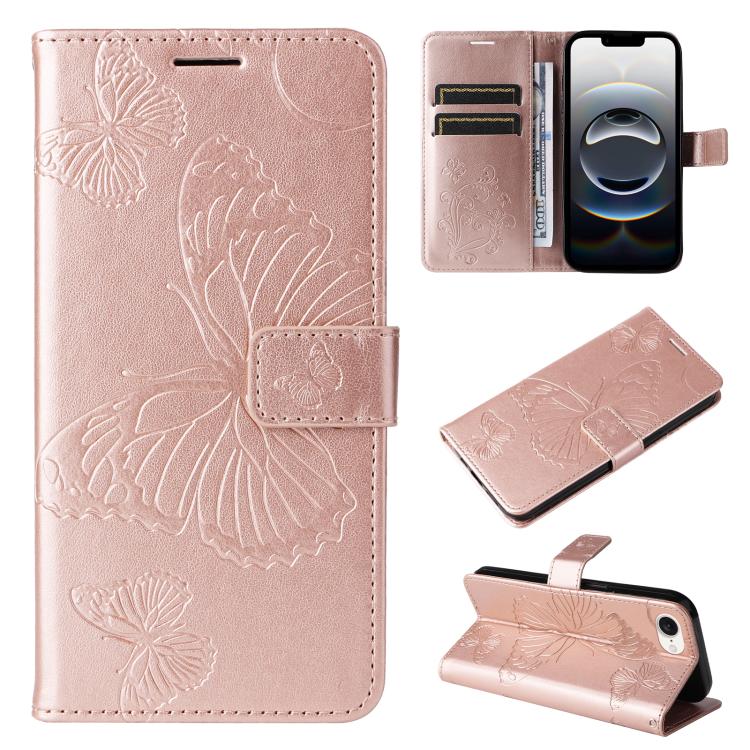 For iPhone 16e 3D Butterfly Embossed Pattern Flip Leather Phone Case(Rose Gold) by buy2fix