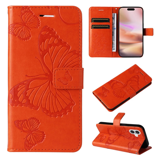 For iPhone 16 Plus 3D Butterfly Embossed Pattern Flip Leather Phone Case(Orange)