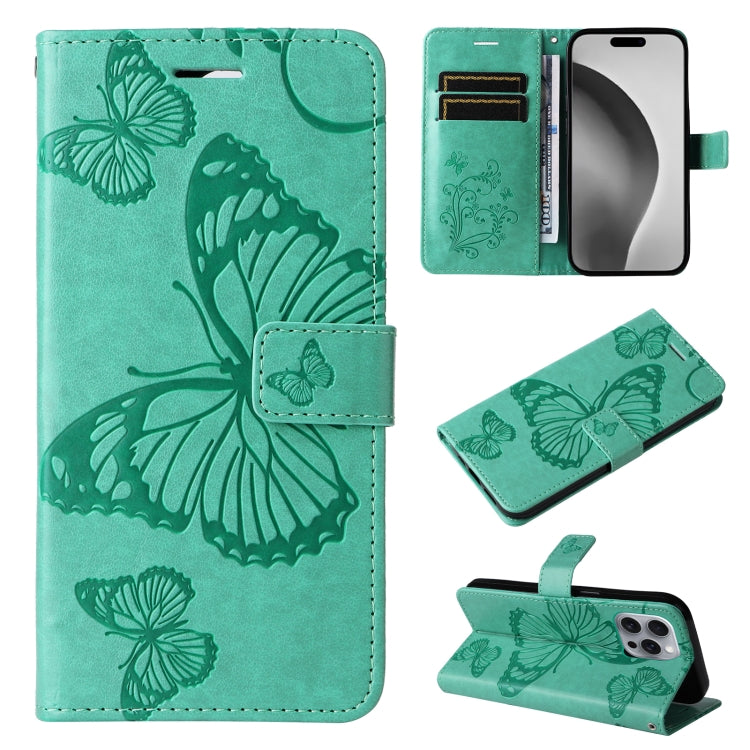 For iPhone 16 Pro Max 3D Butterfly Embossed Pattern Flip Leather Phone Case(Green) by buy2fix
