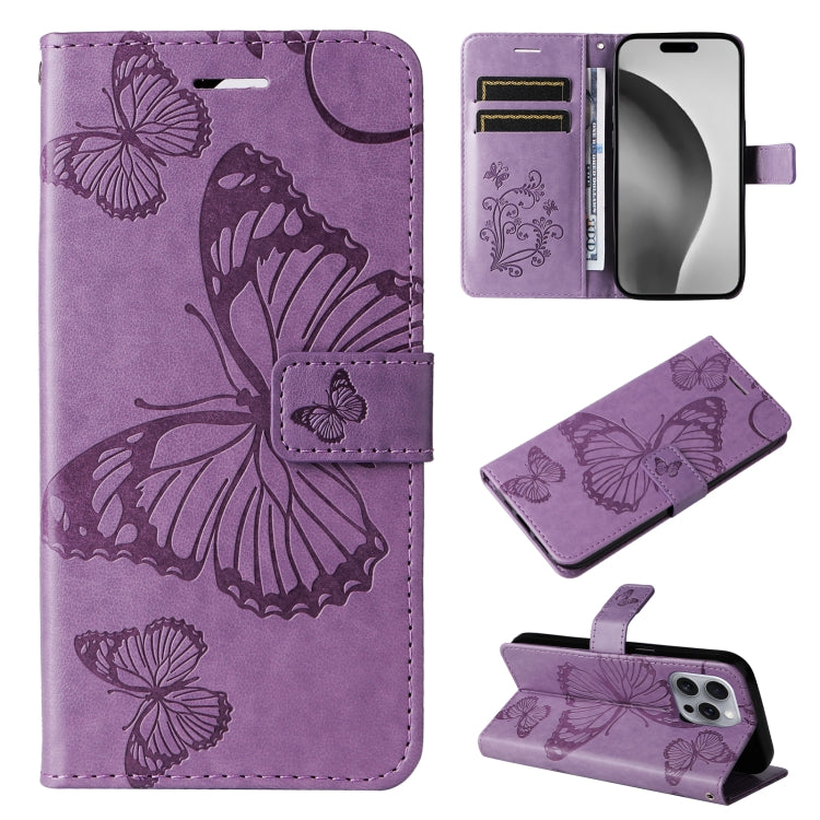 For iPhone 16 Pro Max 3D Butterfly Embossed Pattern Flip Leather Phone Case(Purple) by buy2fix