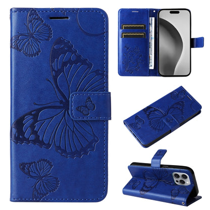 For iPhone 16 Pro Max 3D Butterfly Embossed Pattern Flip Leather Phone Case(Blue) by buy2fix