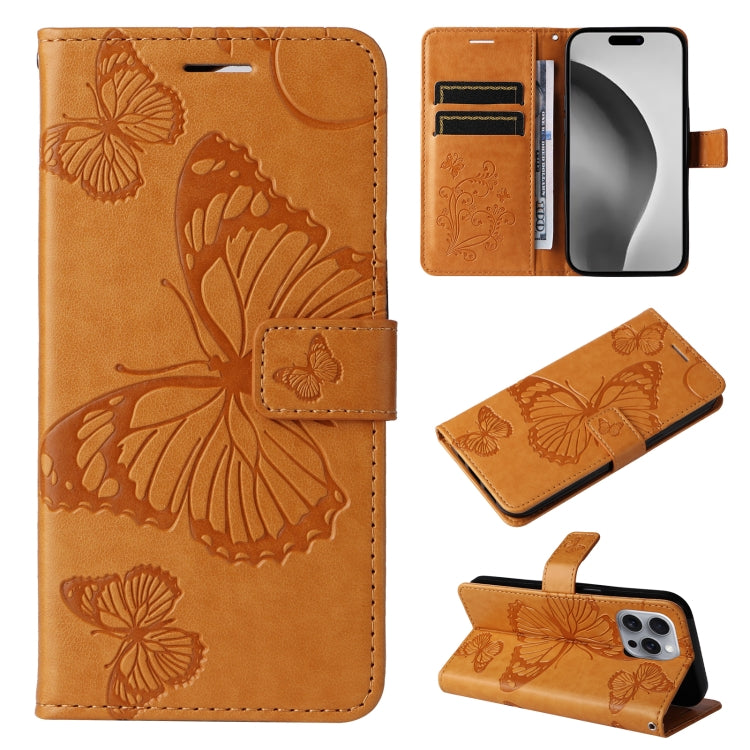 For iPhone 16 Pro Max 3D Butterfly Embossed Pattern Flip Leather Phone Case(Yellow) by buy2fix