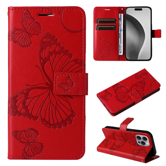 For iPhone 16 Pro Max 3D Butterfly Embossed Pattern Flip Leather Phone Case(Red) by buy2fix