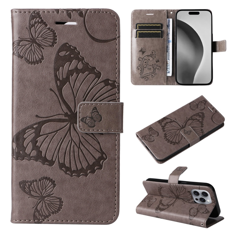 For iPhone 16 Pro Max 3D Butterfly Embossed Pattern Flip Leather Phone Case(Grey) by buy2fix
