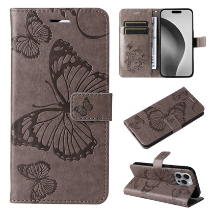 For iPhone 16 Pro Max 3D Butterfly Embossed Pattern Flip Leather Phone Case(Grey) by buy2fix