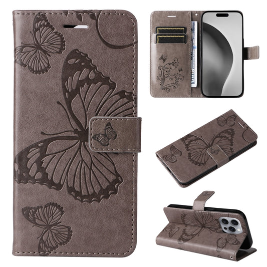 For iPhone 16 Pro Max 3D Butterfly Embossed Pattern Flip Leather Phone Case(Grey) by buy2fix