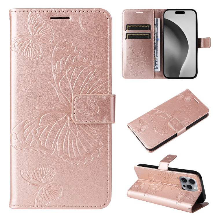 For iPhone 16 Pro Max 3D Butterfly Embossed Pattern Flip Leather Phone Case(Rose Gold) by buy2fix