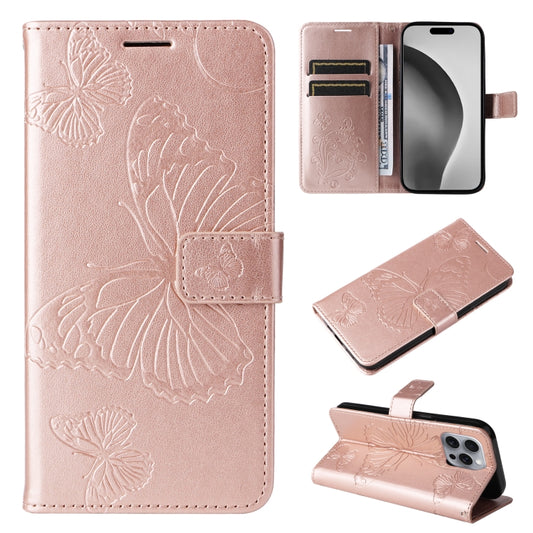For iPhone 16 Pro Max 3D Butterfly Embossed Pattern Flip Leather Phone Case(Rose Gold) by buy2fix