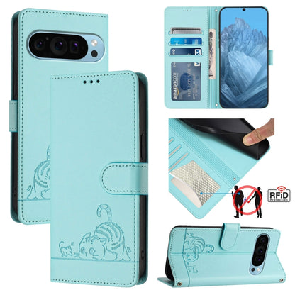 For Google Pixel 9 / 9 Pro Cat Rat Embossed Pattern RFID Leather Phone Case with Lanyard(Mint Green) by buy2fix