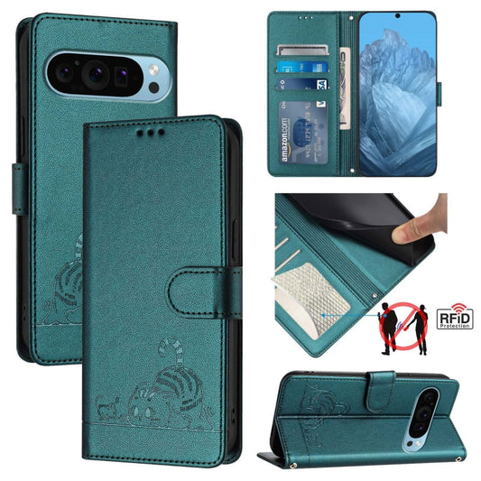 For Google Pixel 9 / 9 Pro Cat Rat Embossed Pattern RFID Leather Phone Case with Lanyard(Peacock Green) by buy2fix