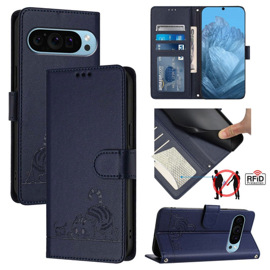 For Google Pixel 9 / 9 Pro Cat Rat Embossed Pattern RFID Leather Phone Case with Lanyard(Blue) by buy2fix