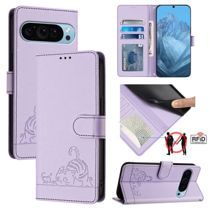 For Google Pixel 9 / 9 Pro Cat Rat Embossed Pattern RFID Leather Phone Case with Lanyard(Purple) by buy2fix