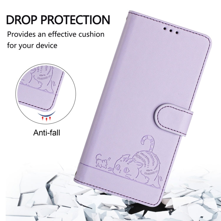 For Google Pixel 9 / 9 Pro Cat Rat Embossed Pattern RFID Leather Phone Case with Lanyard(Purple) by buy2fix