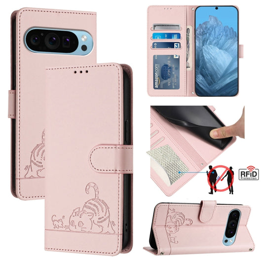 For Google Pixel 9 Pro XL Cat Rat Embossed Pattern RFID Leather Phone Case with Lanyard(Pink) by buy2fix