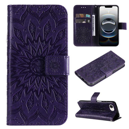 For iPhone 16e Embossed Sunflower Pattern Flip Leather Phone Case(Purple) by buy2fix
