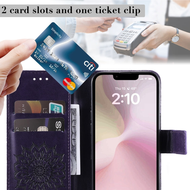 For iPhone 16e Embossed Sunflower Pattern Flip Leather Phone Case(Purple) by buy2fix