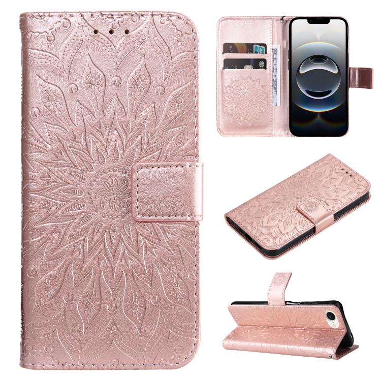 For iPhone 16e Embossed Sunflower Pattern Flip Leather Phone Case(Rose Gold) by buy2fix